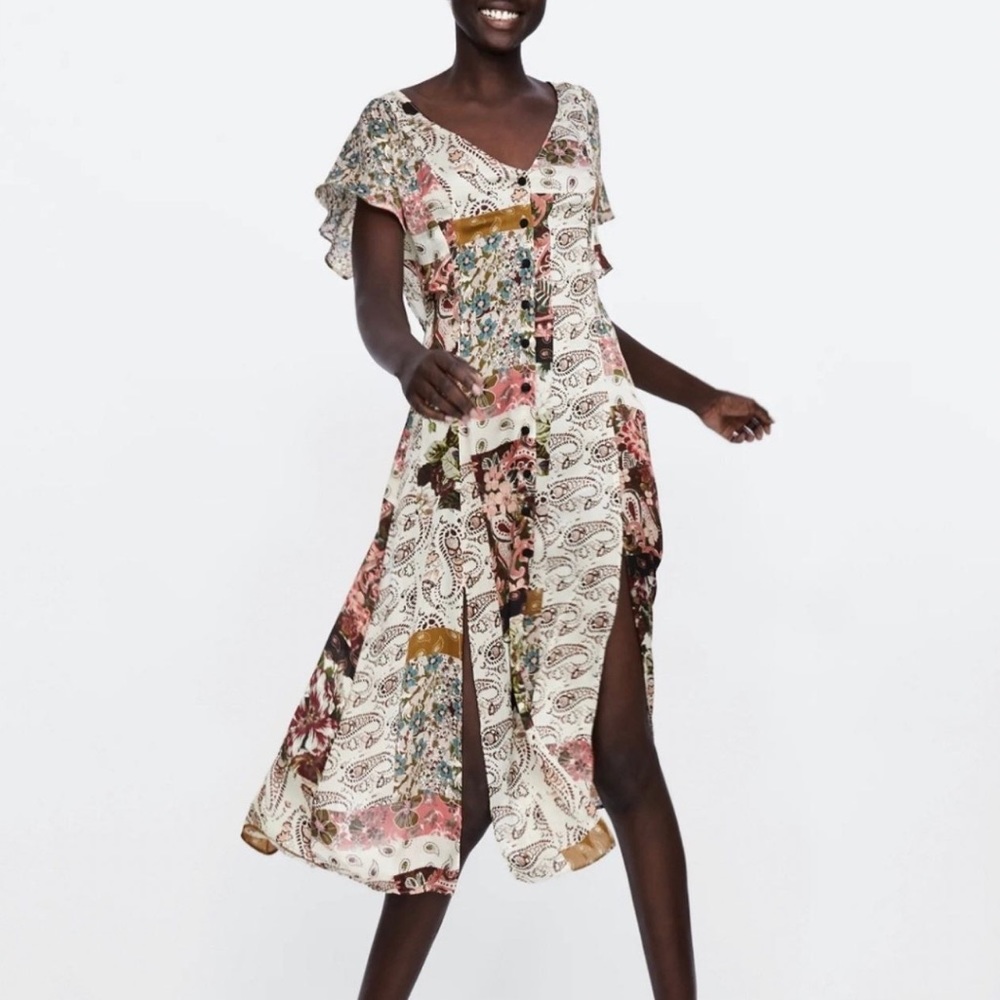 Zara Floral and Paisley Patchwork Button Down Midi Dress